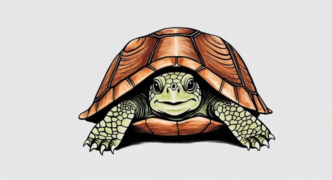 Hand drawing clipart of a shy turtle peeking out of its shell on plain white background