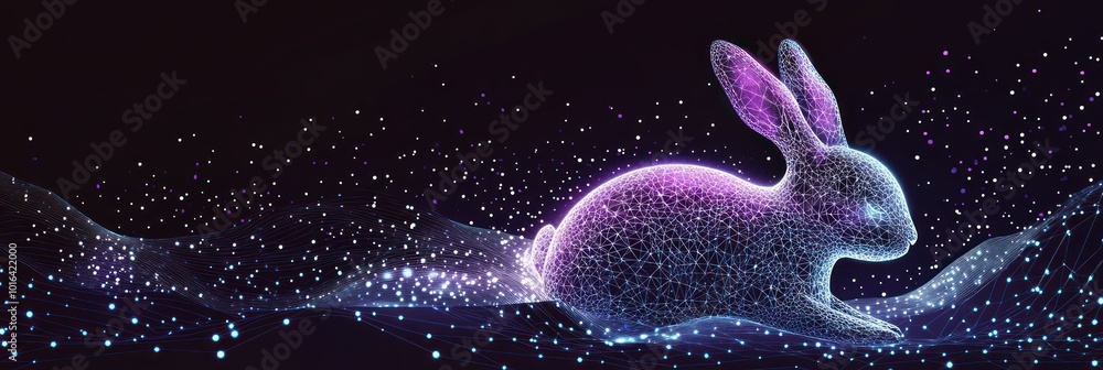 Wall mural A glowing, digital rabbit surrounded by flowing particles in a dark background.