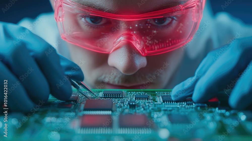 Poster closeup view of meticulous engineer thoroughly inspecting and testing electronic circuit boards with