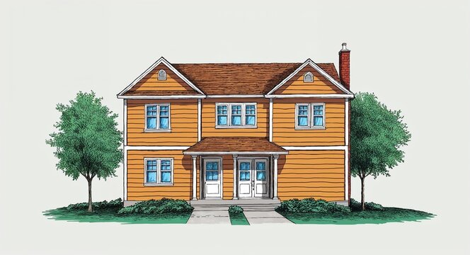 Hand drawing clipart of a split level house on plain white background