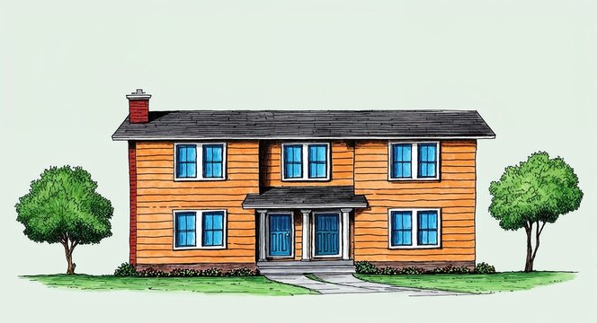 Hand drawing clipart of a split level house on plain white background