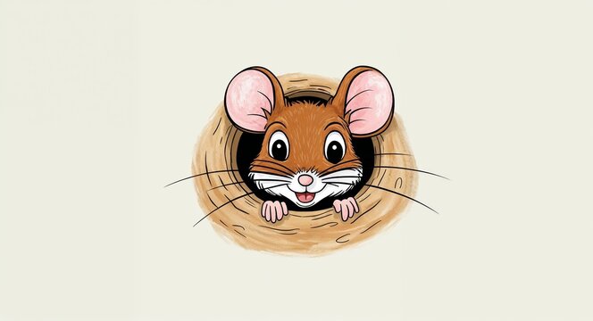 Hand drawing clipart of a spunky little mouse peeking out from a hole on plain white background