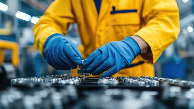 Worker wearing protective gear performing a visual inspection of automotive parts in a factory manufacturing facility deep depth of field focusing on the critical control process