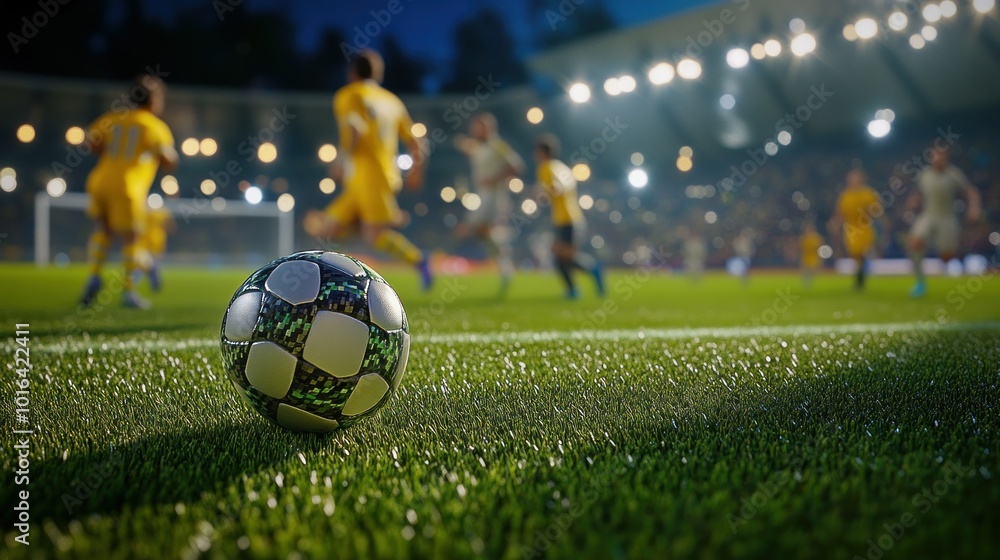 Sticker A soccer ball on a grassy field with players in the background during a night match.