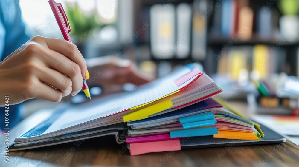 Poster a person writing in a notebook with colorful tabs on a desk.