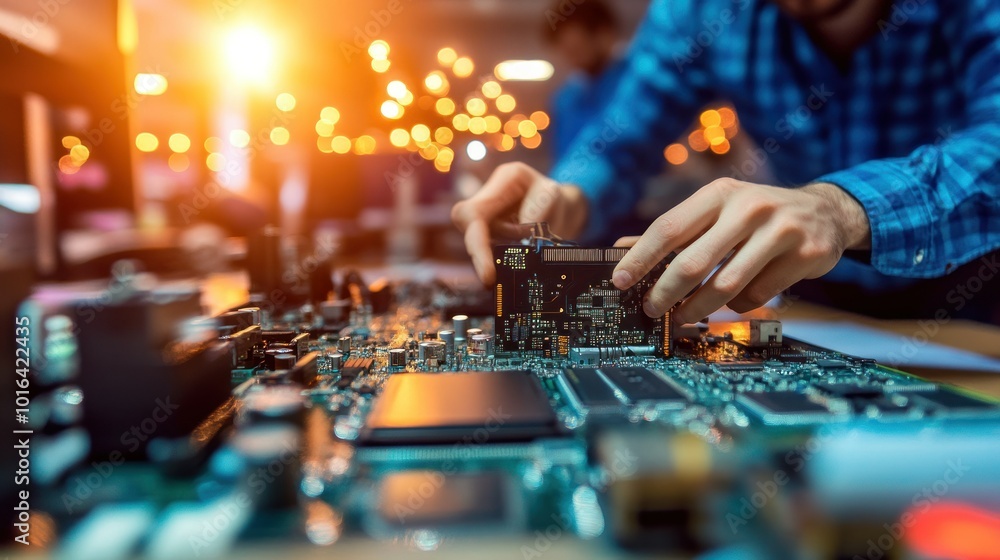 Aufkleber a person assembling a circuit board in a workshop with warm lighting.