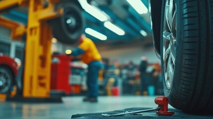 A car workshop scene with tools, vehicles, and mechanics at work.