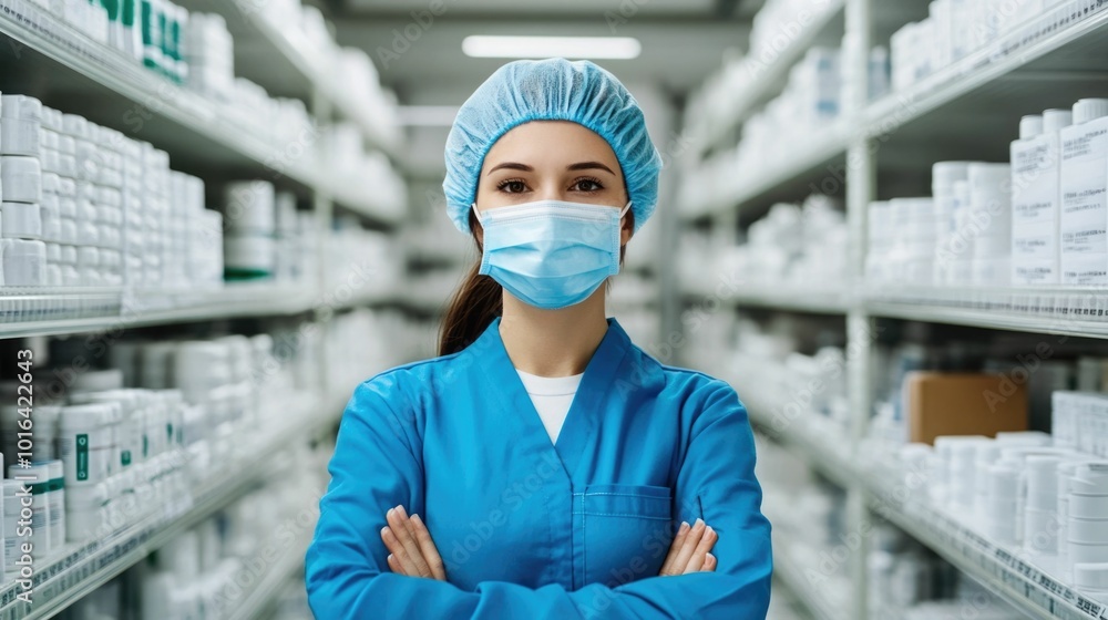 Poster professional staff member in uniform carefully inspecting and verifying dates on various packaged pr