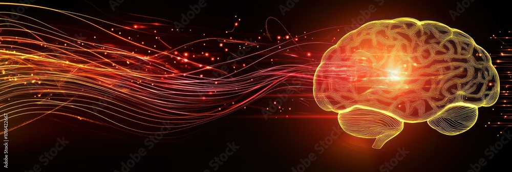 Poster abstract representation of a brain with flowing lines and lights, symbolizing thought and creativity