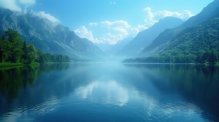 Fototapeta premium Serene Mountain Lake Under a Cloudy Blue Sky