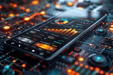 Application of Smartphone with business graph and analytics data on isometric mobile phone. Analysis trends and software development coding process concept. Programming, testing cross platform code