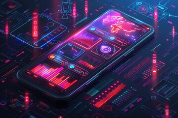 Obraz premium Application of Smartphone with business graph and analytics data on isometric mobile phone. Analysis trends and software development coding process concept. Programming, testing cross platform code