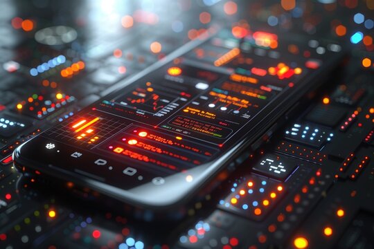 Application of Smartphone with business graph and analytics data on isometric mobile phone. Analysis trends and software development coding process concept. Programming, testing cross platform code