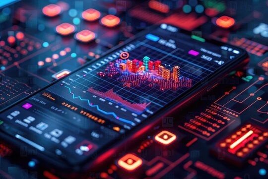 Application of Smartphone with business graph and analytics data on isometric mobile phone. Analysis trends and software development coding process concept. Programming, testing cross platform code - Powered by Adobe