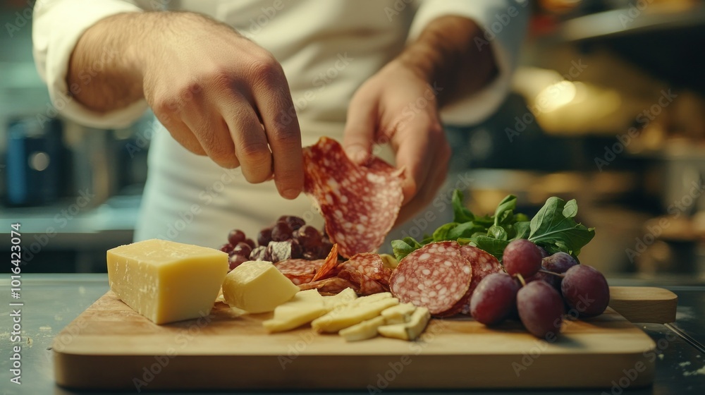 Poster A chef prepares a charcuterie board with meats, cheeses, and fresh produce.