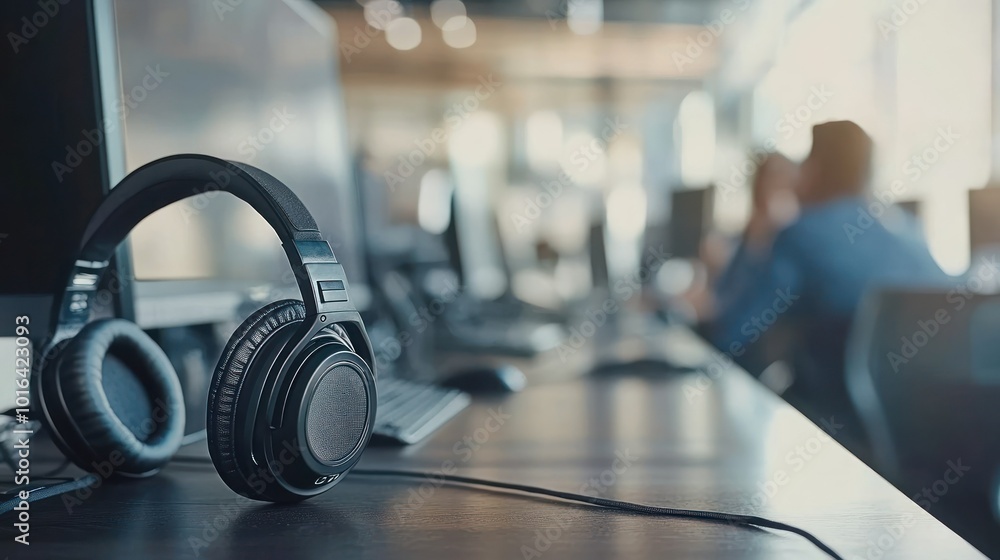 Poster a pair of headphones rests on a desk with computers in a modern office setting.