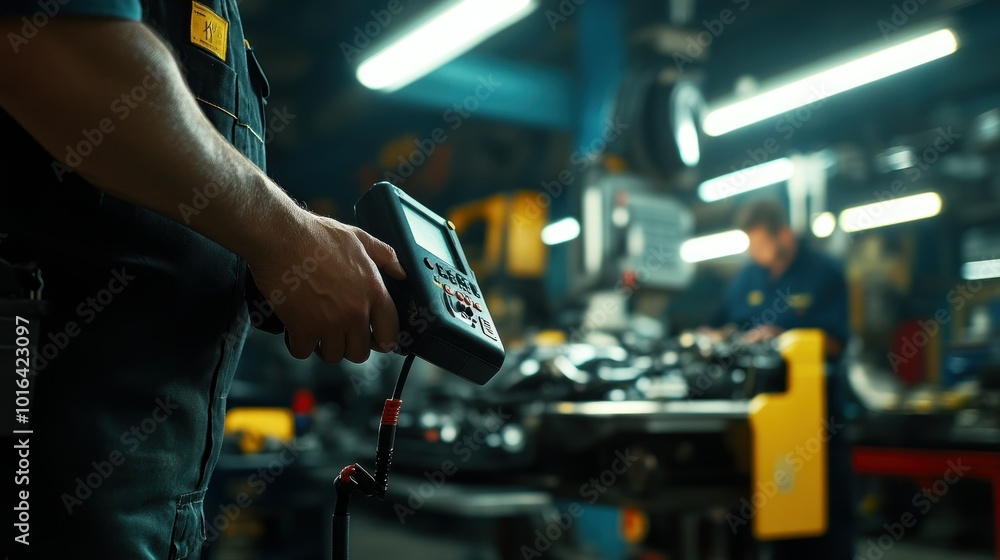 Poster a technician uses a diagnostic tool in a workshop with machinery in the background.
