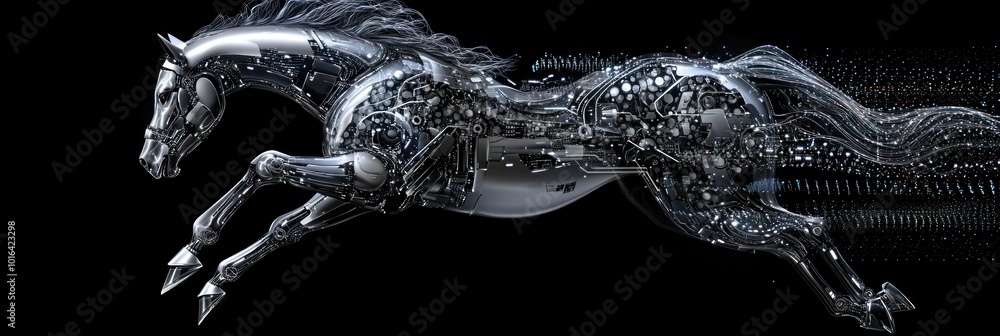 Wall mural A futuristic horse composed of metallic and digital elements, symbolizing speed and technology.