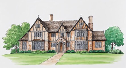 Obraz premium Hand drawing clipart of a Tudor style manor house with stone facade on plain white background