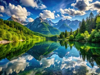 Fototapeta premium Scenic view of mountains reflecting on a tranquil lake surrounded by lush greenery and blue sky