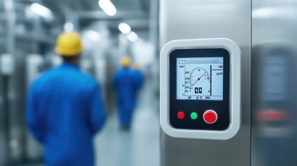 Digital sensors and control panels displaying temperature humidity and other environmental data in a product testing laboratory or control facility