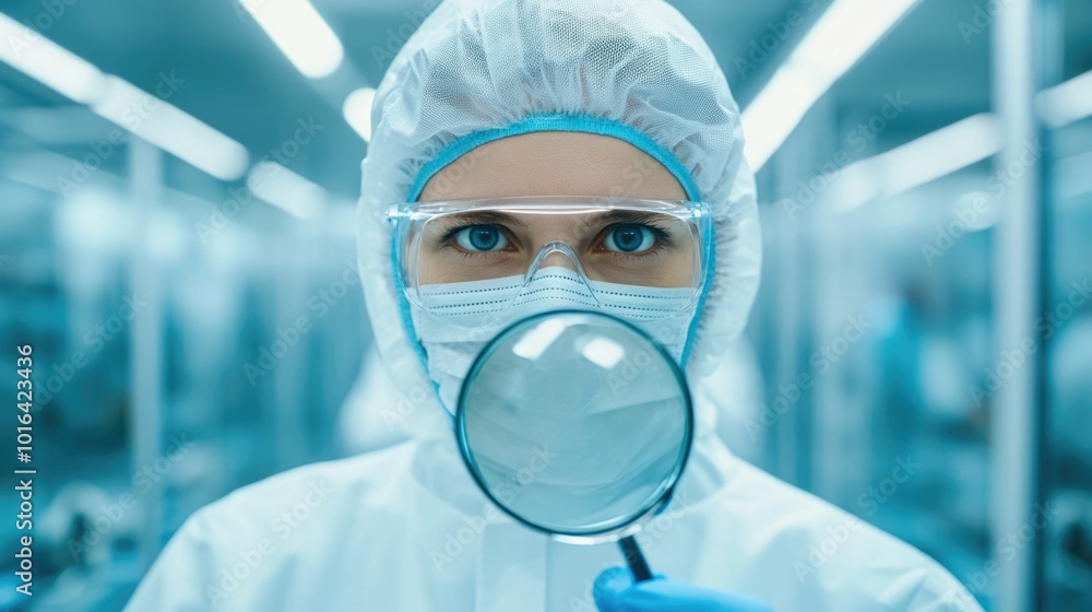 Poster close up of a professional worker or expert reviewing product defects using a magnifying glass on a 