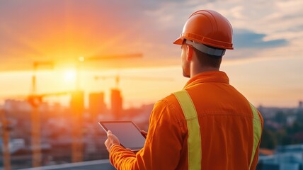 Construction worker at sunset, city skyline