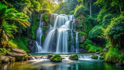Fototapeta premium Serene and Majestic Waterfall Surrounded by Lush Greenery for Nature Wallpaper Backgrounds