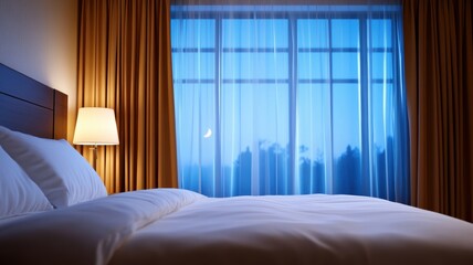 Fototapeta premium Cozy bedroom with soft lighting at dusk