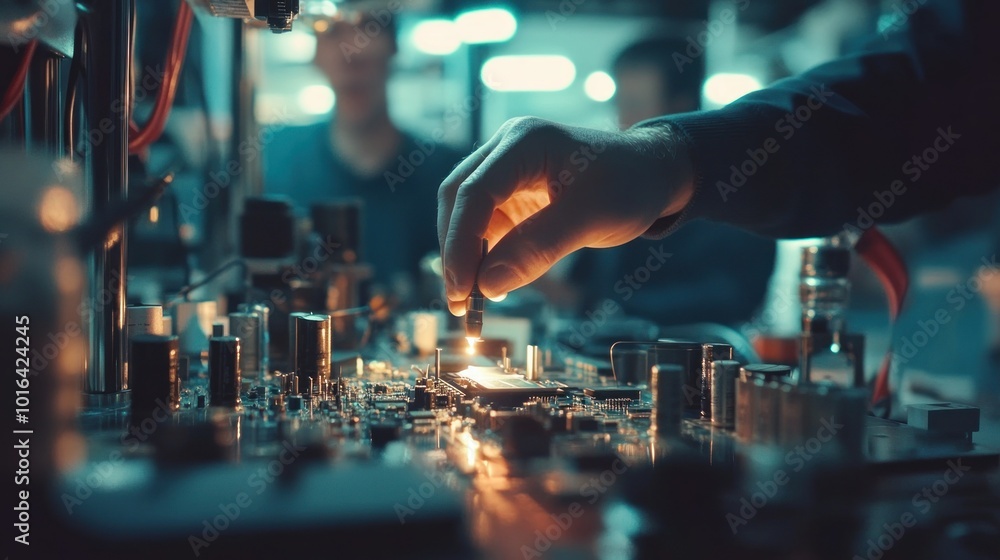 Aufkleber a technician working on a circuit board with a focused hand gesture in a tech environment.