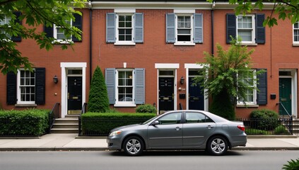 Obraz premium Row of homes featuring a parked vehicle on the street