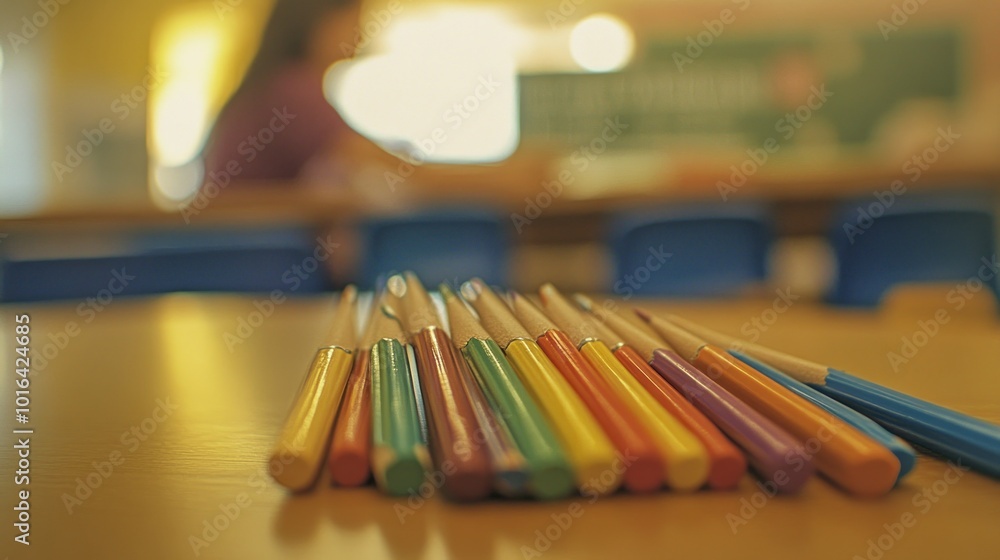 Poster a collection of colorful markers on a table, with a blurred background of a classroom setting.