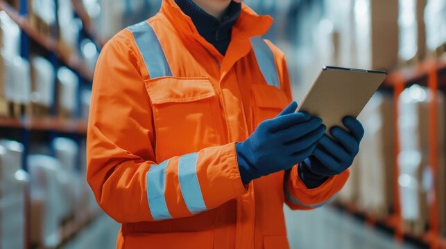 Worker in Orange Uniform Scanning Barcodes on Boxes and Packages for Control Traceability and Inventory Tracking Before Shipment in a Warehouse or Distribution Center
