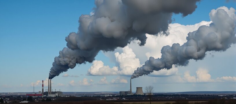 Air pollution-filled dark skies with industrial factory smoke stacks emitting smoggy clouds