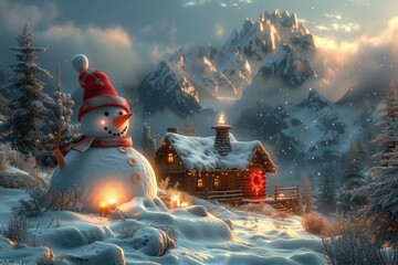 Fototapeta premium cute snowman and winter house landscape wallpaper desktop christmas backgrounds