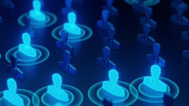 Glowing human figures within circles represent the process of human resource selection and networking in a corporate environment.