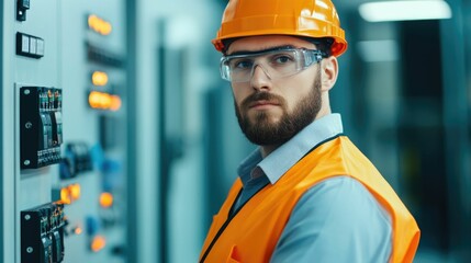 Professional engineer in protective gear carefully testing and inspecting electrical products to ensure they meet safety standards and regulatory compliance before they can be approved for