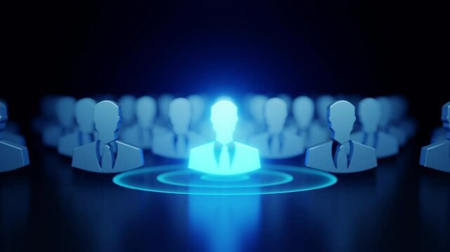 A glowing human figure stands out among identical silhouettes, symbolizing leadership, individuality, or human resource selection.