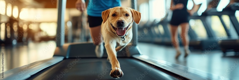 Wall mural A happy dog running on a treadmill in a gym, showcasing fitness and pet exercise.