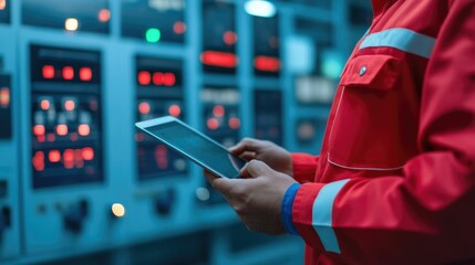 Worker using a tablet to monitor production from a control room remote control monitoring digital assurance with deep depth of field in an industrial manufacturing or factory setting