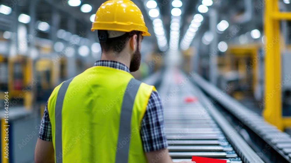 Poster worker wearing safety gear inspecting rejected products on an industrial assembly line with a red re