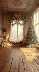 Fototapeta premium A living room with a wooden floor, a Christmas tree and lots of Christmas decorations