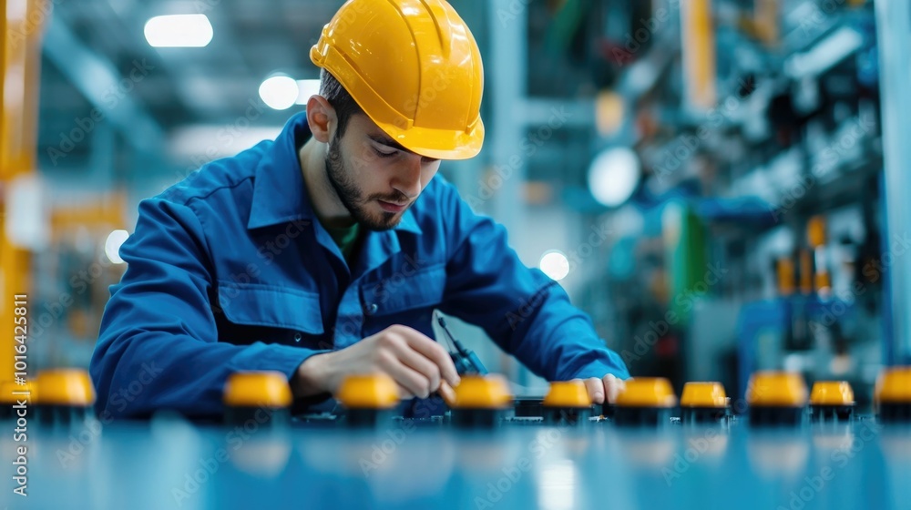 Poster industrial technician carefully checking product alignment using laser level tool on the manufacturi