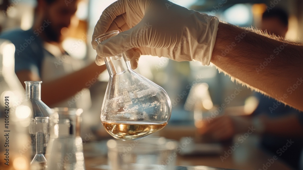 Poster a hand in a glove holds a flask with liquid, indicating a laboratory setting.