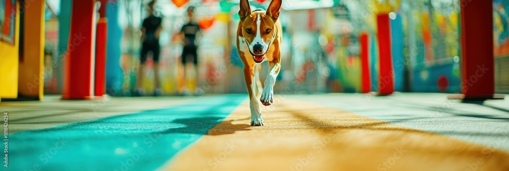 Canvas Prints A dog joyfully running on a colorful floor in a playful environment.