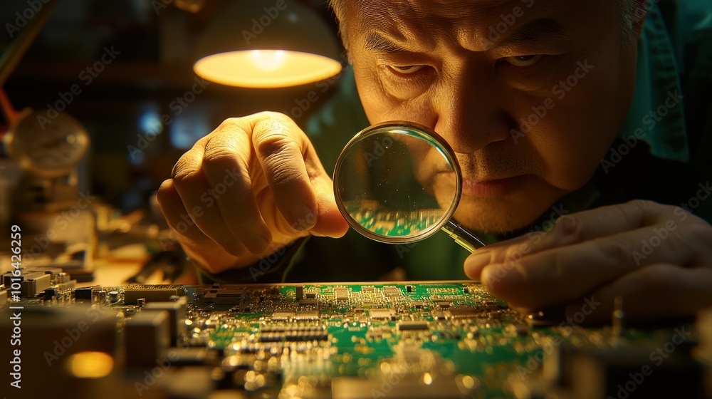 Poster a person inspecting a circuit board with a magnifying glass in a workshop setting.