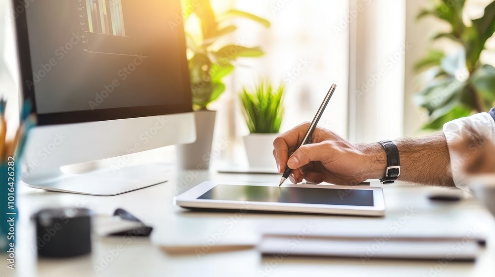 Poster a person using a stylus on a tablet at a workspace with plants and a computer.