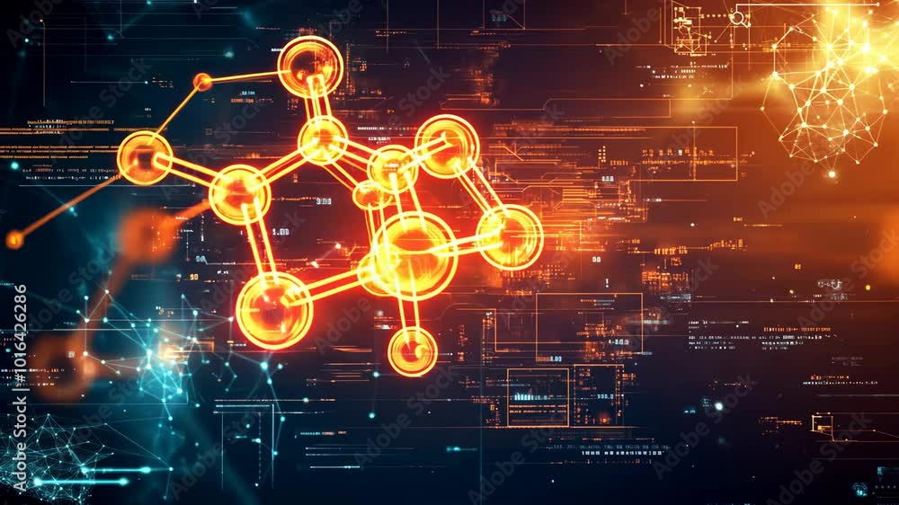 Aufkleber a glowing orange molecule is digitally displayed on a dark background with blue and orange digital l
