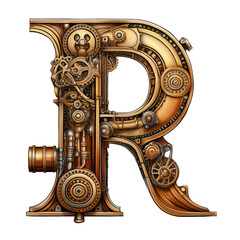 Isolated uppercase Letter R in Steampunk style mainly metal copper brown and wood with many gears and lots of details