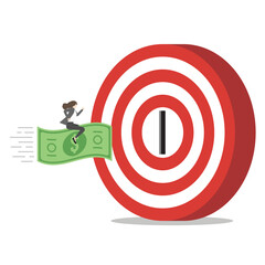 A businesswoman riding banknote, moving to a coin slot in business target. Economic progress, Ambition, Financial Goal, strategy, investment, top up, wealth management, and career opportunity concept